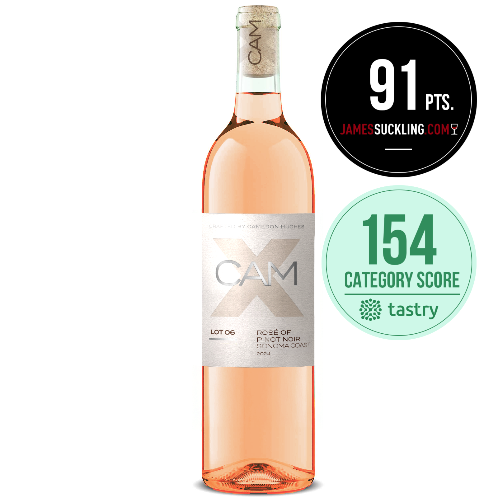 Lot 6 2024 Sonoma Coast Rose of Pinot Noir bottle of CAM rose wine with rating labels from James Suckling: 91 and a Tastry Category Score of 154 on a white background