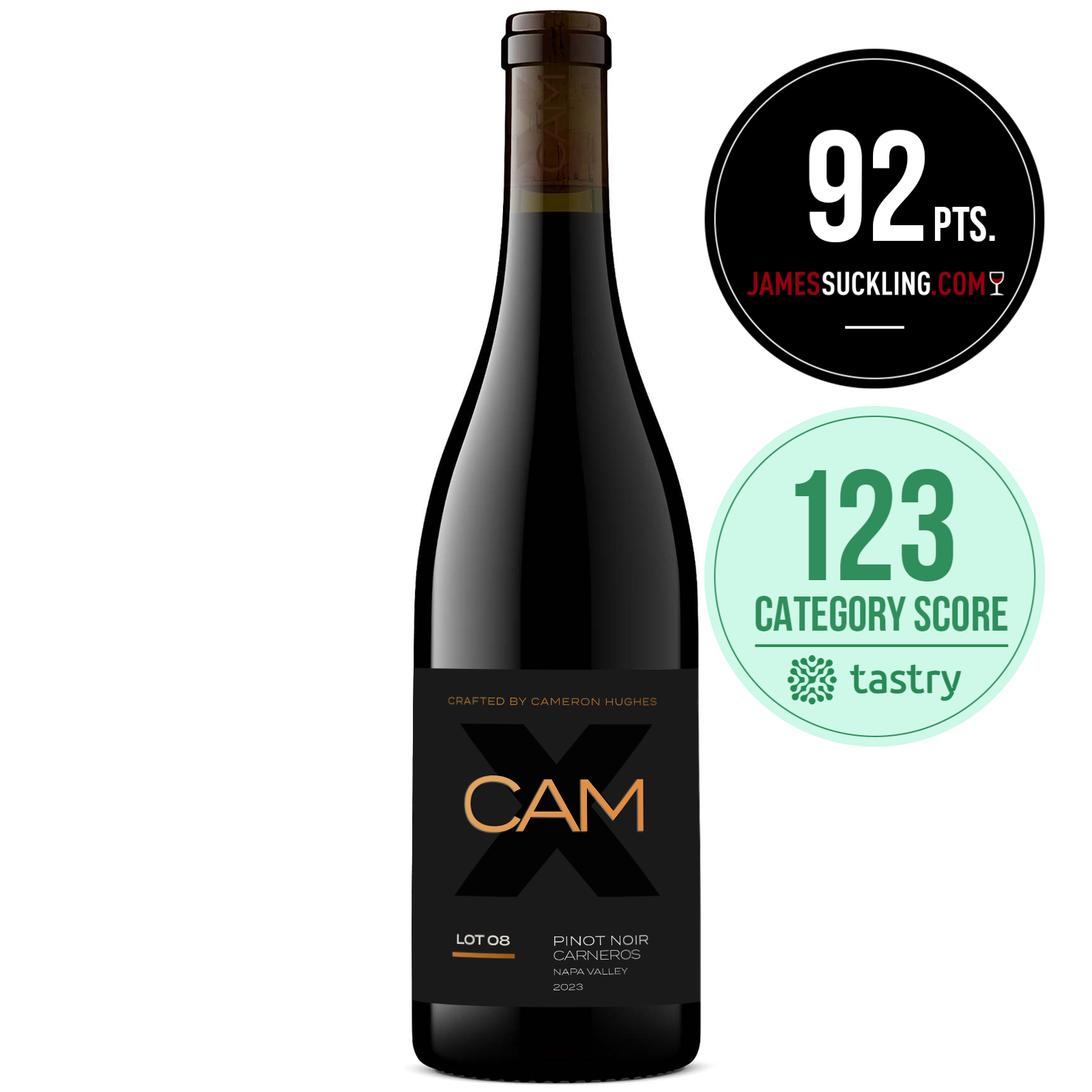 Lot 8 2023 Napa Carneros Pinot Noir bottle with CAM label and rating from James Suckling: 92 and a Tastry category score of 123 on a white background