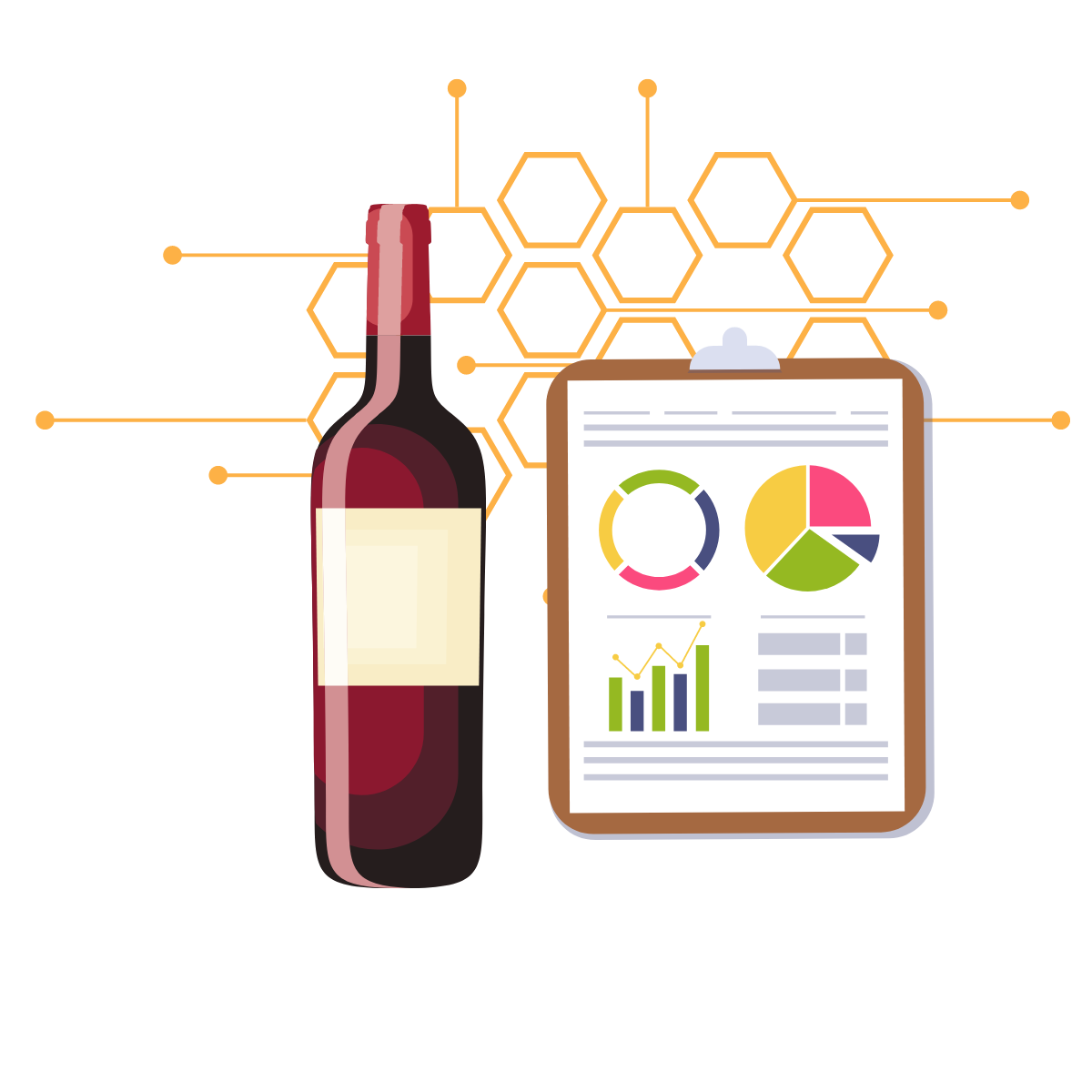 Wine bottle with a clipboard showing charts and graphs on a white background