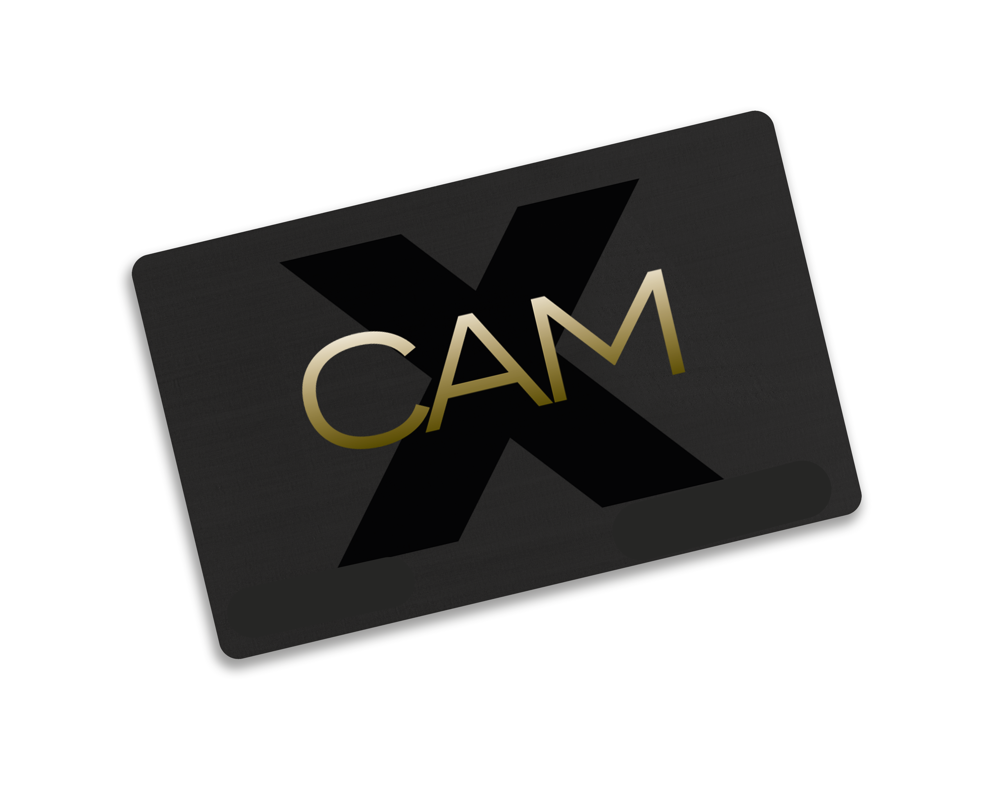 Black card with 'CAM X' in gold on a white background