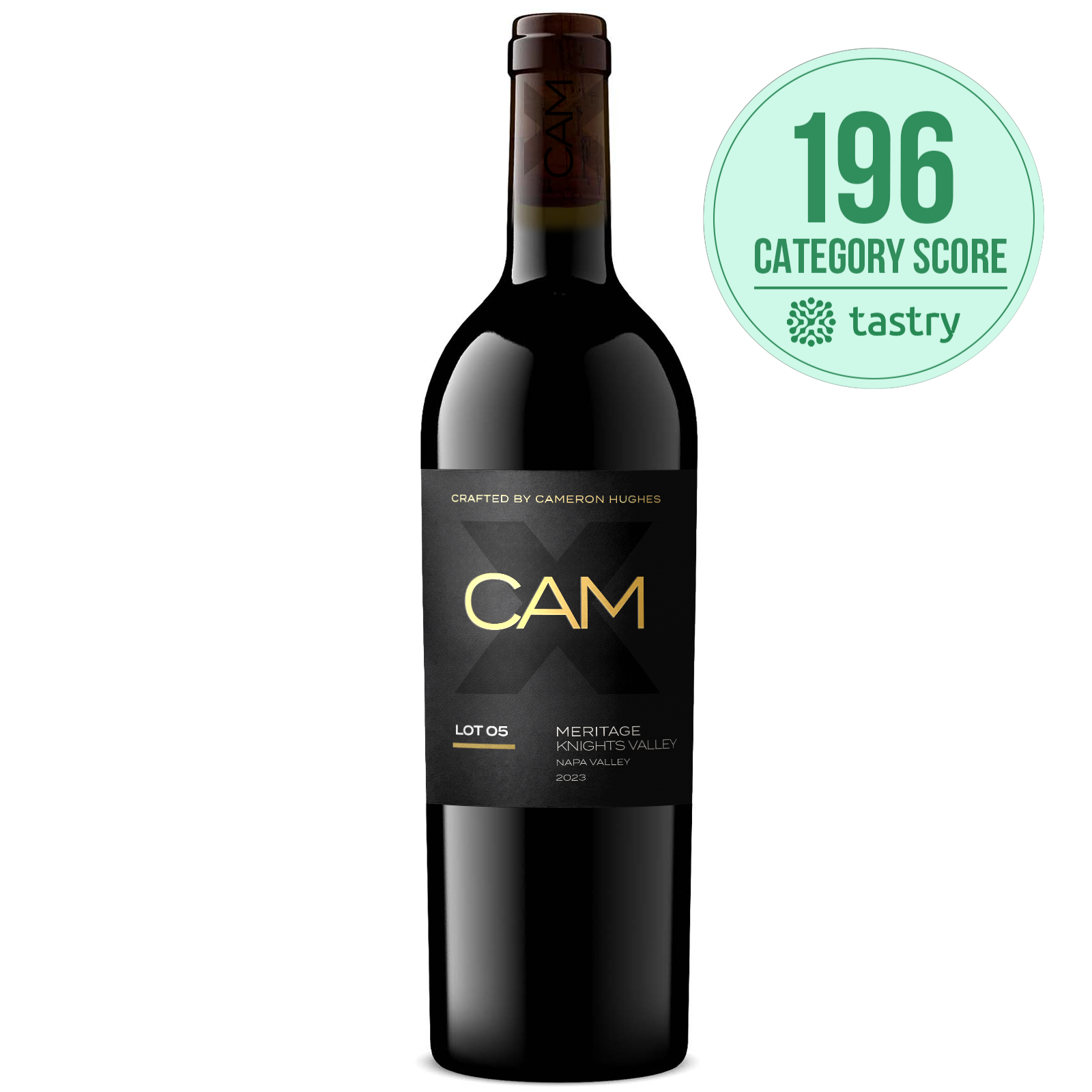 Lot 5 2023 Knights Valley Meritage/Proprietary Red bottle with 'CAM' label and tastry category score badge of 196 on a white background